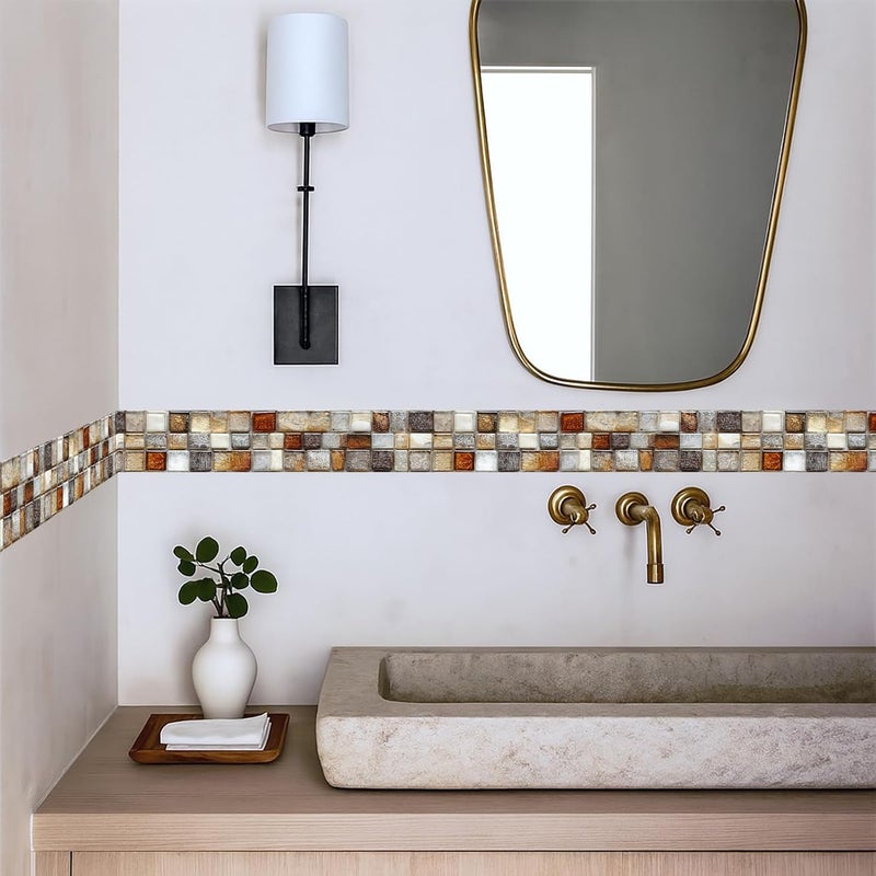 IOHEFY Mosaic Wallpaper Border 196x4 Inch Peel and Stick Wall Border Brown Beige Grey Removable Vinyl Wall Trim Pattern Sticker for Kitchen Bathroom Backsplash Home Decor - Image 3